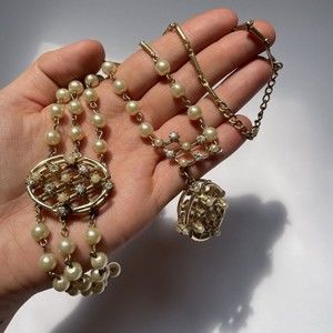 Vtg./Antique Gold Tone Rhinestone Faux Pearl Cage Basket Necklace & Bracelet Set